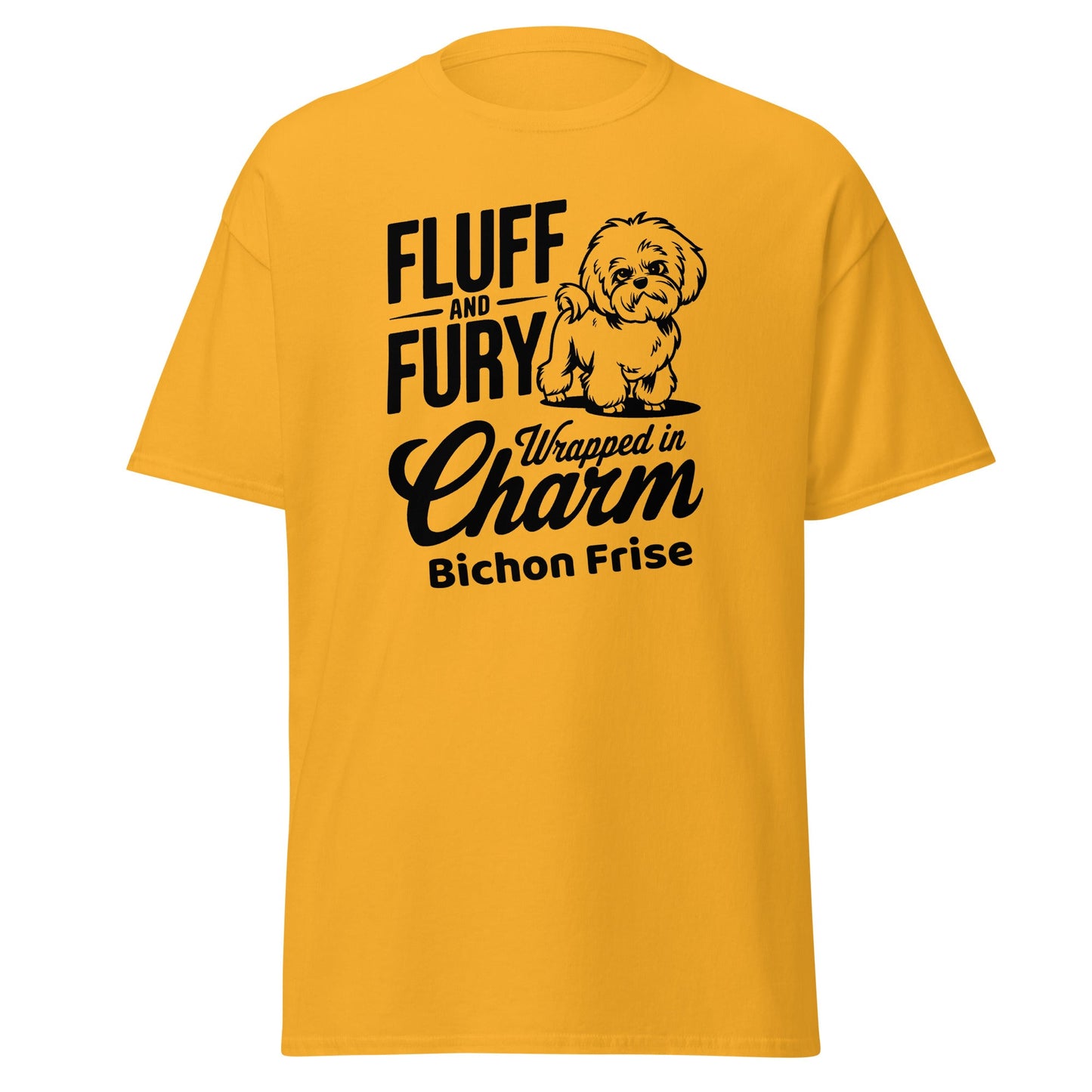 "Unisex black T-shirt with sarcastic black text 'Fluff And Fury Wrapped In Charm' featuring a cute Bichon Frise dog illustration, perfect for Bichon Frise dog lovers and owners."