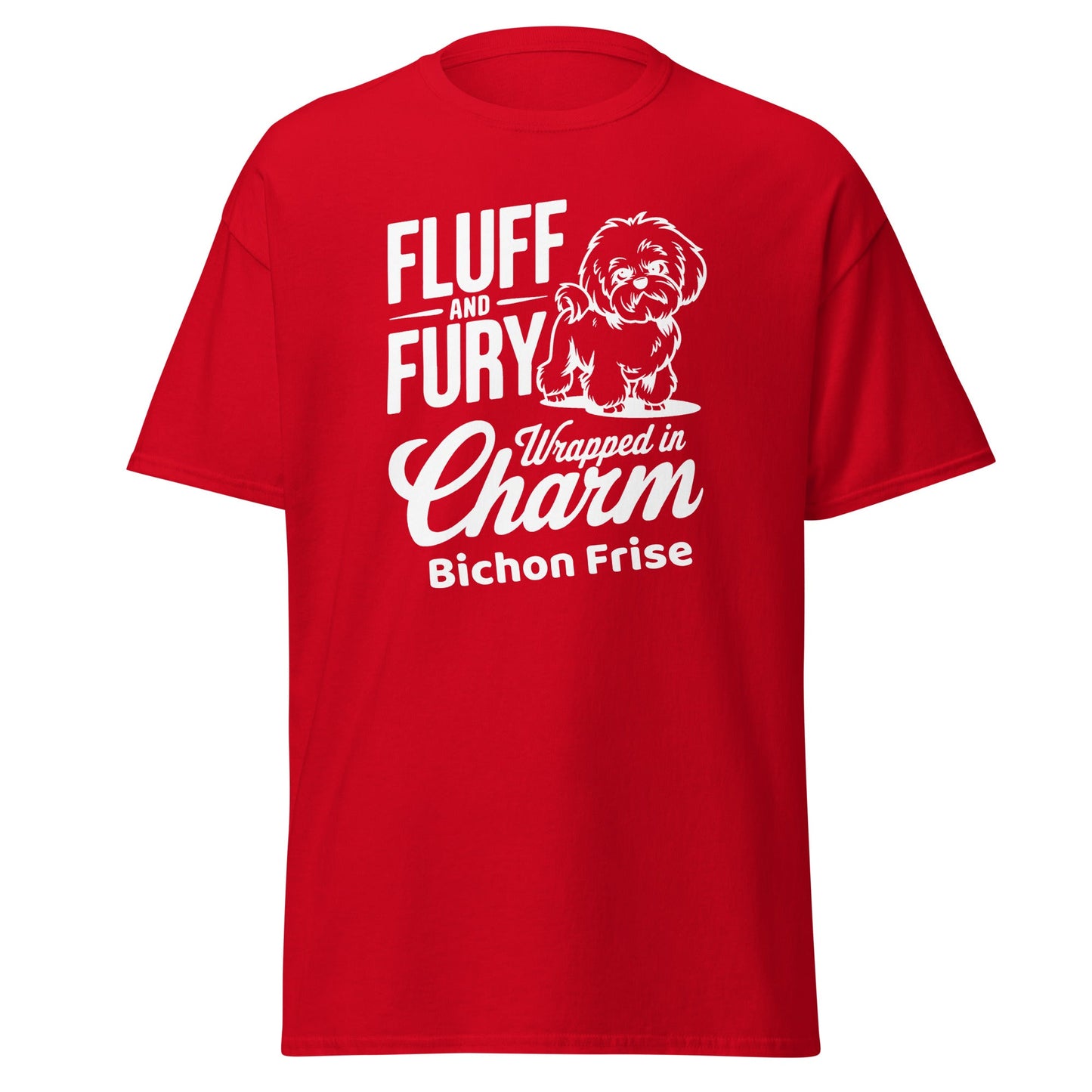 "Fluff And Fury Wrapped In Charm - Unisex Bichon Frise T-Shirt with white sarcastic text and cute dog illustration, stylish shirt for Bichon Frise dog owners and dog lovers, comfortable casual wear for men and women."