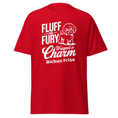 "Fluff And Fury Wrapped In Charm - Unisex Bichon Frise T-Shirt with white sarcastic text and cute dog illustration, stylish shirt for Bichon Frise dog owners and dog lovers, comfortable casual wear for men and women."