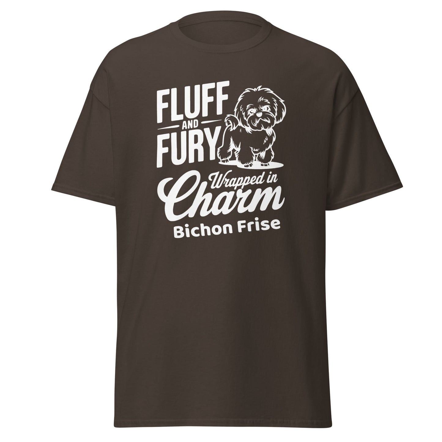 "Fluff And Fury Wrapped In Charm - Unisex Bichon Frise T-Shirt with white sarcastic text and cute dog illustration, stylish shirt for Bichon Frise dog owners and dog lovers, comfortable casual wear for men and women."