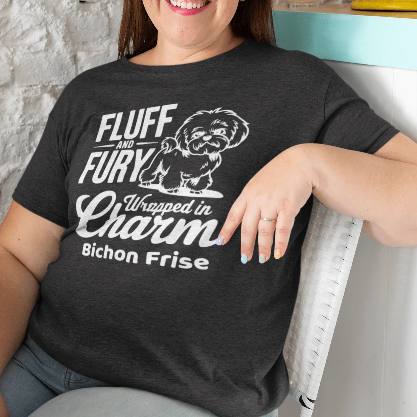 "Fluff And Fury Wrapped In Charm - Unisex Bichon Frise T-Shirt with white sarcastic text and cute dog illustration, stylish shirt for Bichon Frise dog owners and dog lovers, comfortable casual wear for men and women."