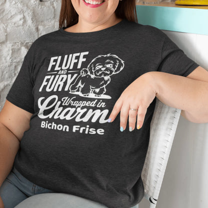 "Fluff And Fury Wrapped In Charm - Unisex Bichon Frise T-Shirt with white sarcastic text and cute dog illustration, stylish shirt for Bichon Frise dog owners and dog lovers, comfortable casual wear for men and women."