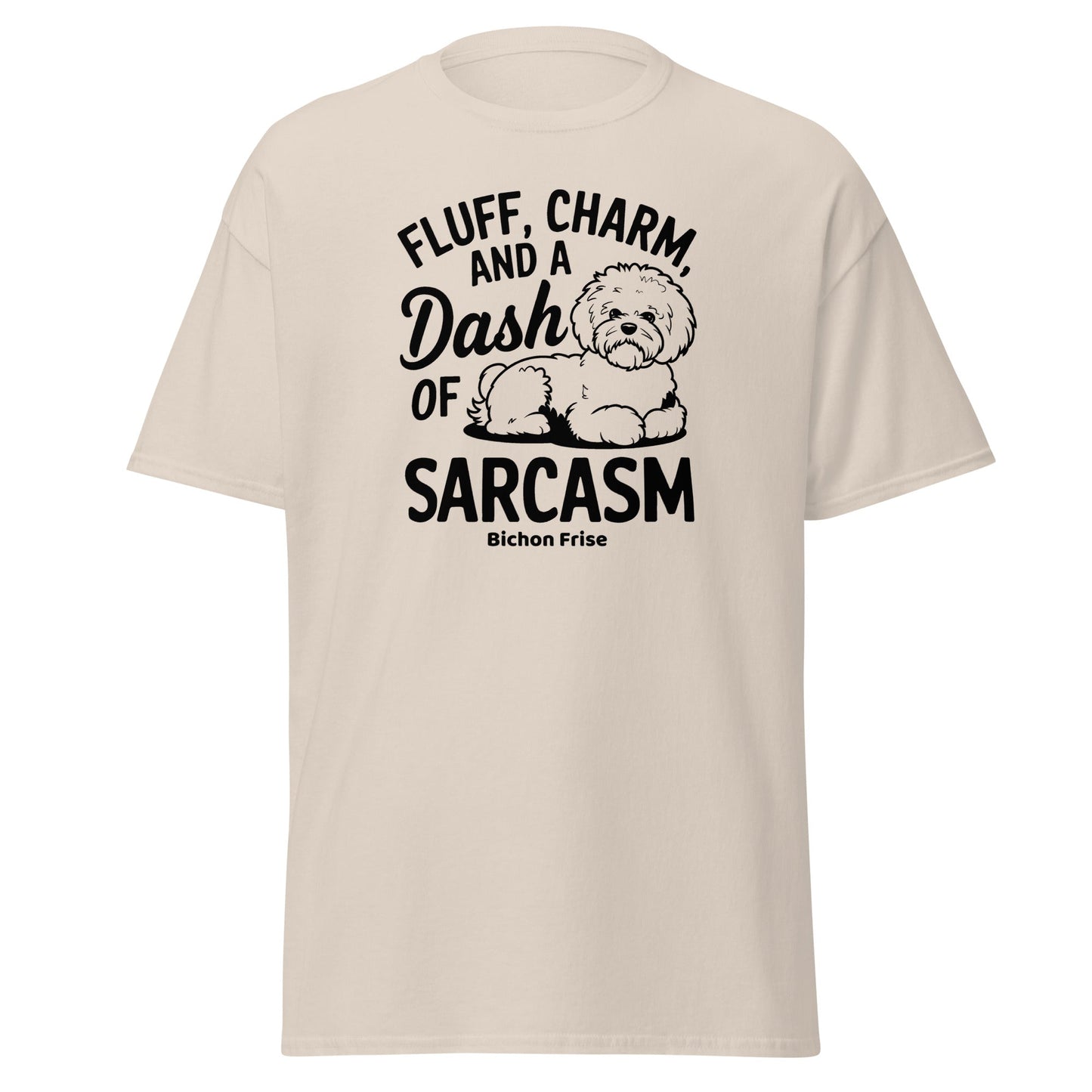 "Unisex Bichon Frise T-shirt with black text design 'Fluff, Charm and a Dash of Sarcasm' featuring a cute custom dog illustration – perfect gift for Bichon lovers and dog owners."