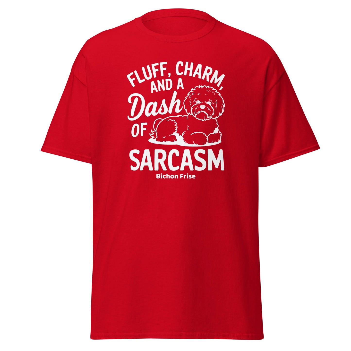 "Fluff Charm And A Dash Of Sarcasm unisex Bichon Frise t-shirt with white sarcastic text and cute dog illustration, stylish patterned design perfect for Bichon dog owners and dog lovers, soft casual tee."