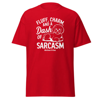 "Fluff Charm And A Dash Of Sarcasm unisex Bichon Frise t-shirt with white sarcastic text and cute dog illustration, stylish patterned design perfect for Bichon dog owners and dog lovers, soft casual tee."