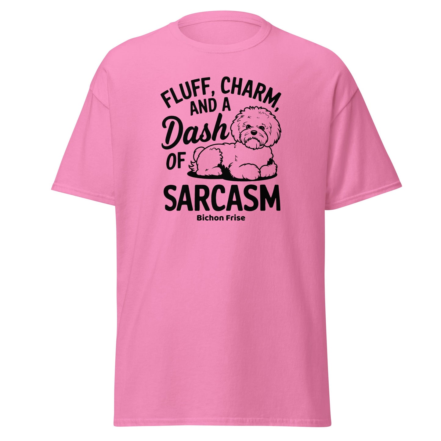 "Unisex Bichon Frise T-shirt with black text design 'Fluff, Charm and a Dash of Sarcasm' featuring a cute custom dog illustration – perfect gift for Bichon lovers and dog owners."