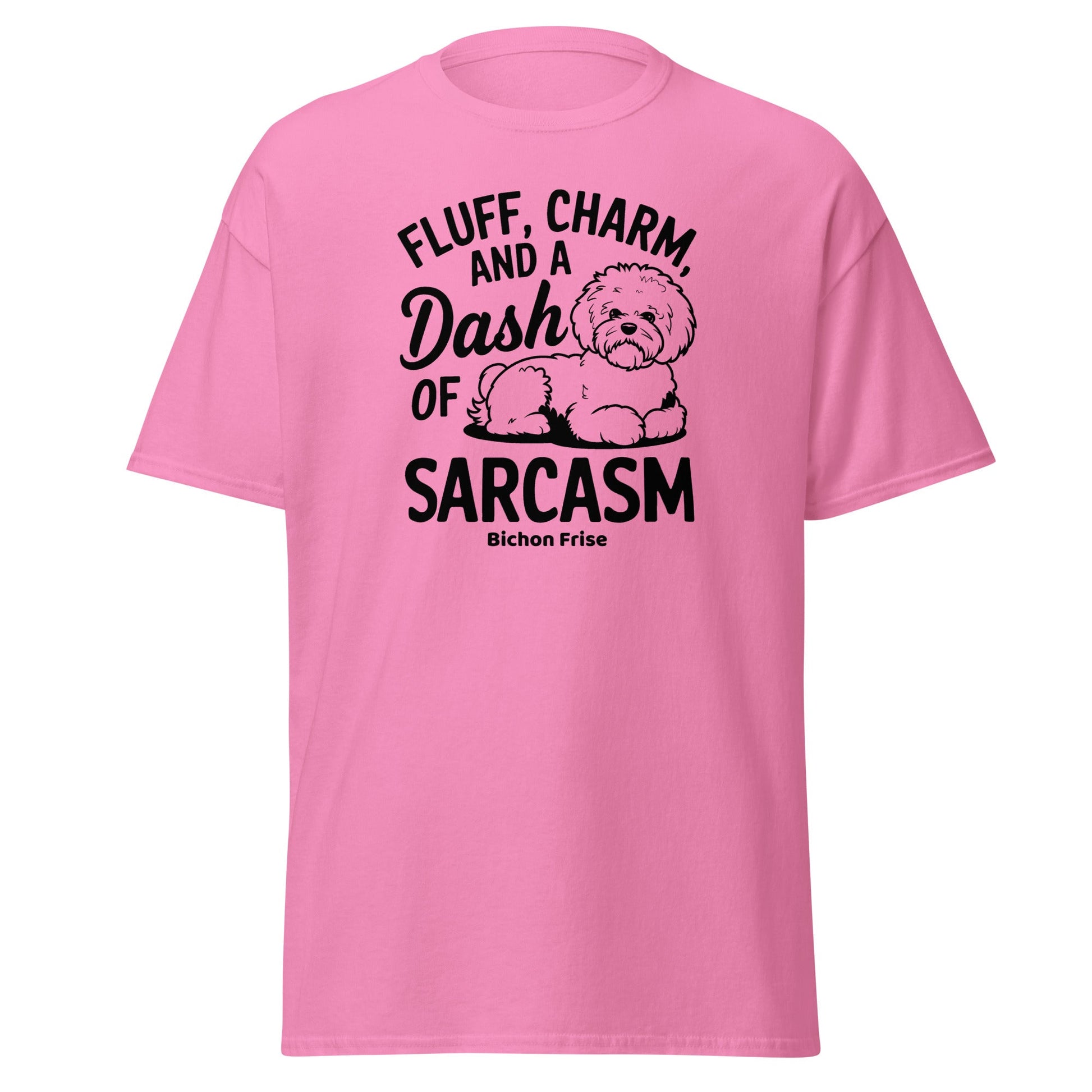 "Unisex Bichon Frise T-shirt with black text design 'Fluff, Charm and a Dash of Sarcasm' featuring a cute custom dog illustration – perfect gift for Bichon lovers and dog owners."