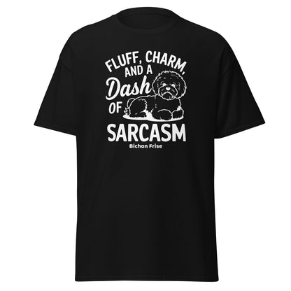 "Fluff Charm And A Dash Of Sarcasm unisex Bichon Frise t-shirt with white sarcastic text and cute dog illustration, stylish patterned design perfect for Bichon dog owners and dog lovers, soft casual tee."