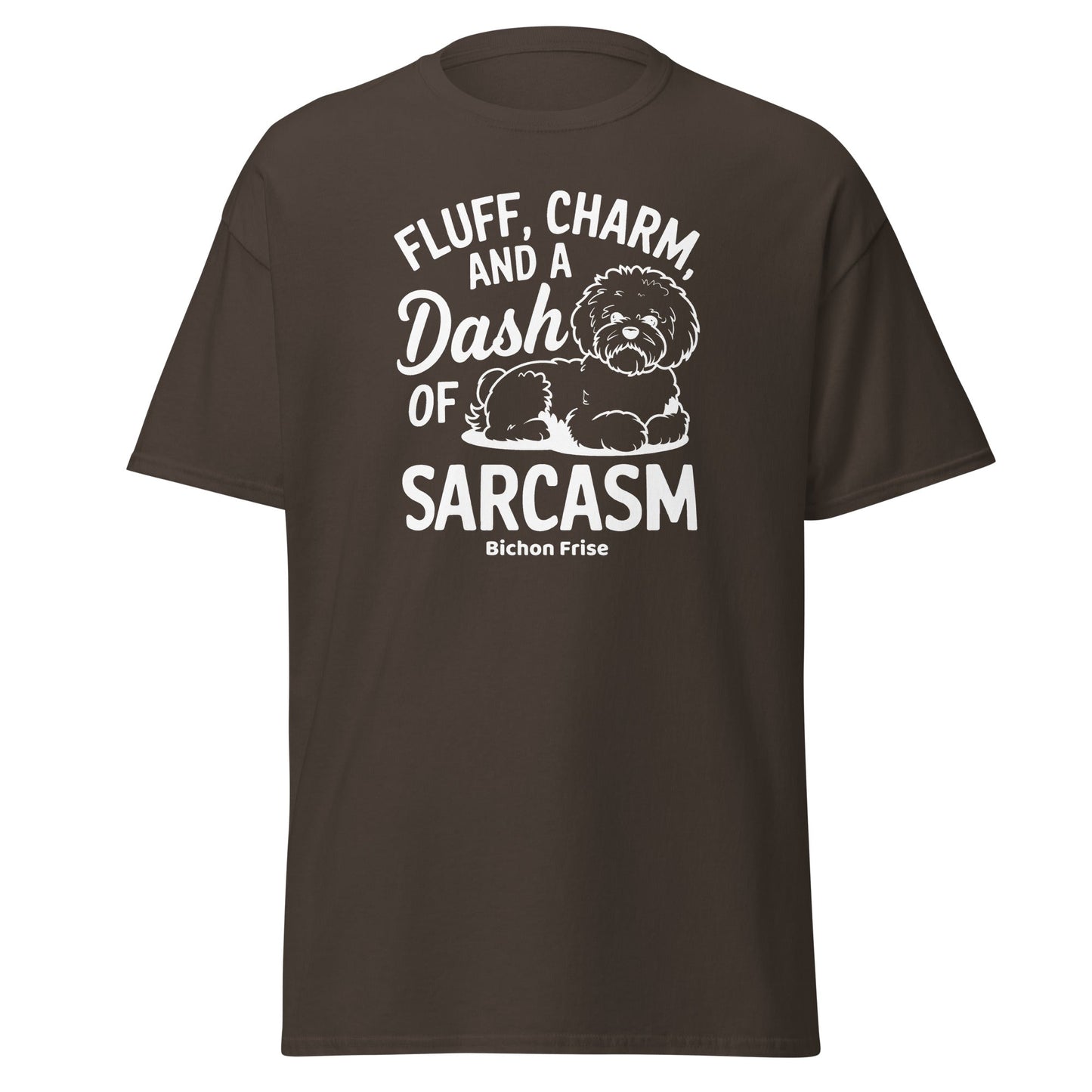 "Fluff Charm And A Dash Of Sarcasm unisex Bichon Frise t-shirt with white sarcastic text and cute dog illustration, stylish patterned design perfect for Bichon dog owners and dog lovers, soft casual tee."