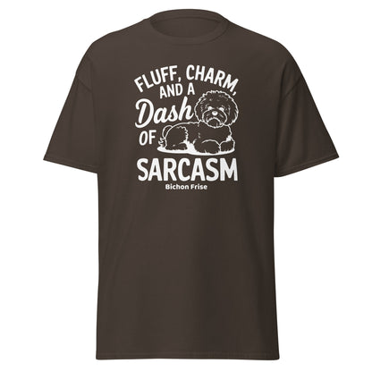 "Fluff Charm And A Dash Of Sarcasm unisex Bichon Frise t-shirt with white sarcastic text and cute dog illustration, stylish patterned design perfect for Bichon dog owners and dog lovers, soft casual tee."