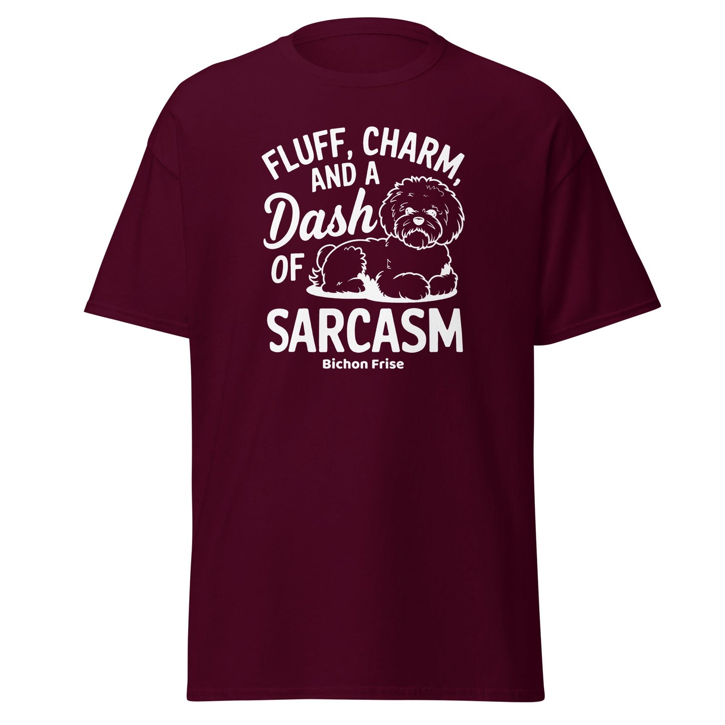 "Fluff Charm And A Dash Of Sarcasm unisex Bichon Frise t-shirt with white sarcastic text and cute dog illustration, stylish patterned design perfect for Bichon dog owners and dog lovers, soft casual tee."