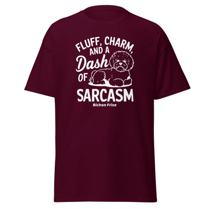 "Fluff Charm And A Dash Of Sarcasm unisex Bichon Frise t-shirt with white sarcastic text and cute dog illustration, stylish patterned design perfect for Bichon dog owners and dog lovers, soft casual tee."