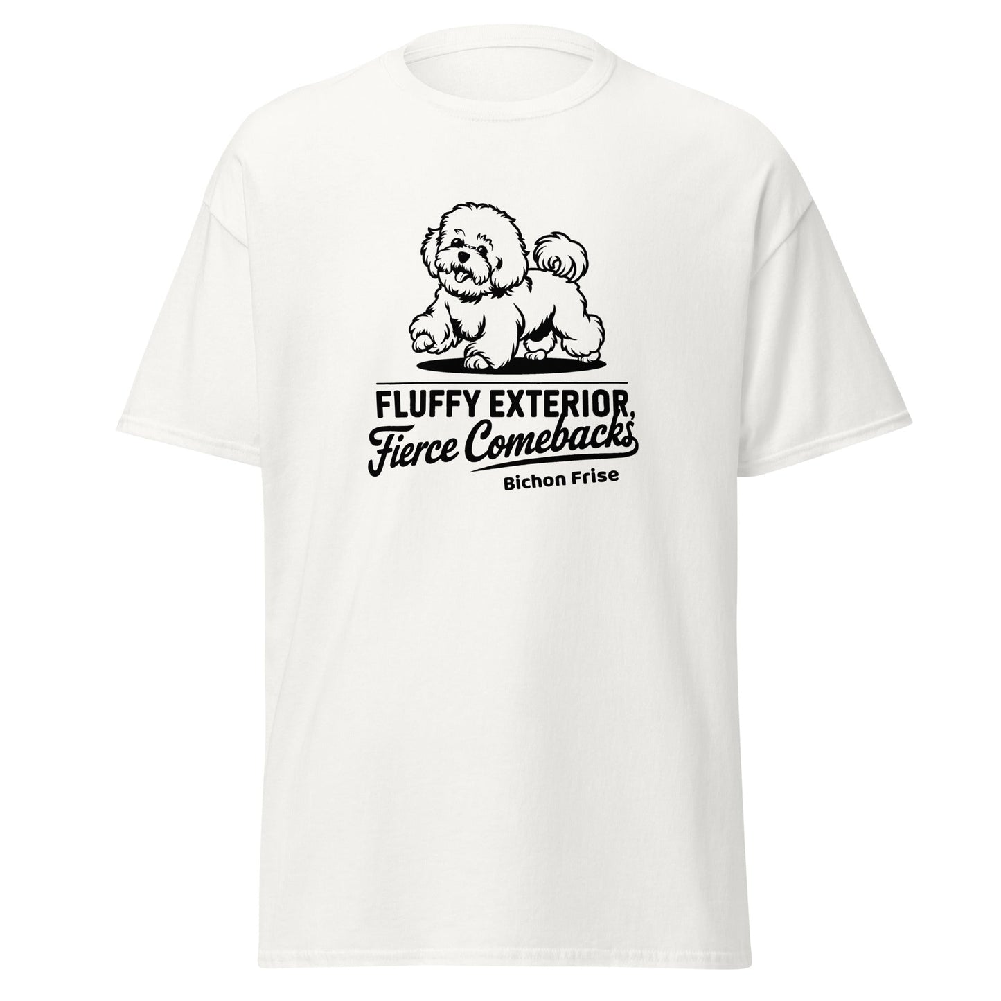 "Unisex white t-shirt featuring a black sketch of a Bichon Frise and the sarcastic quote 'Fluffy Exterior, Fierce Comebacks' – perfect for dog lovers with attitude. Stylish black dog design for pet owners and Bichon fans."