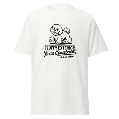 "Unisex white t-shirt featuring a black sketch of a Bichon Frise and the sarcastic quote 'Fluffy Exterior, Fierce Comebacks' – perfect for dog lovers with attitude. Stylish black dog design for pet owners and Bichon fans."