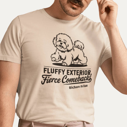 "Unisex white t-shirt featuring a black sketch of a Bichon Frise and the sarcastic quote 'Fluffy Exterior, Fierce Comebacks' – perfect for dog lovers with attitude. Stylish black dog design for pet owners and Bichon fans."