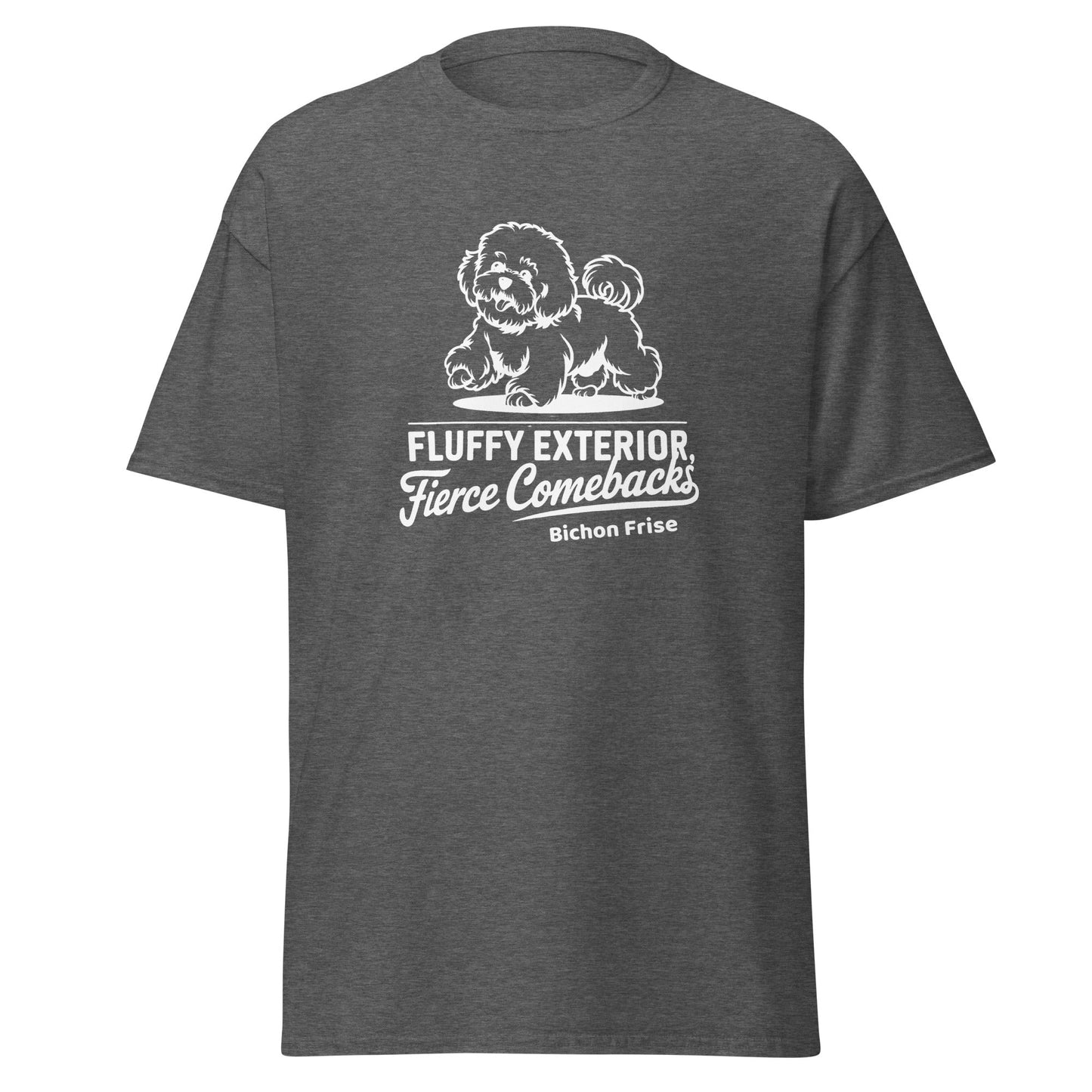 "Unisex white T-shirt with a cute Bichon Frise dog illustration and sarcastic white text 'Fluffy Exterior, Fierce Comebacks'. Unique dog-themed design perfect for Bichon owners and dog lovers. Stylish and witty casual wear."