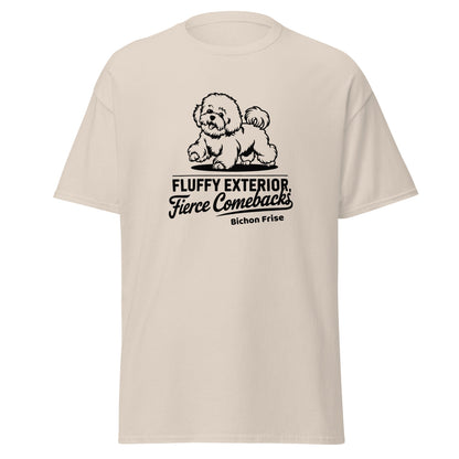 "Unisex white t-shirt featuring a black sketch of a Bichon Frise and the sarcastic quote 'Fluffy Exterior, Fierce Comebacks' – perfect for dog lovers with attitude. Stylish black dog design for pet owners and Bichon fans."