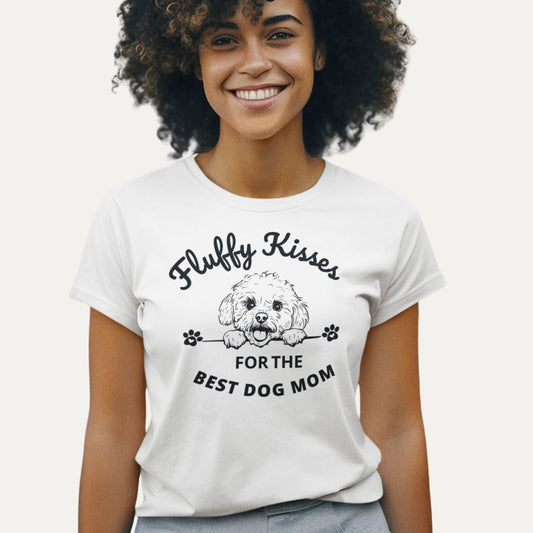 Fluffy Kisses Bichon Frise T-shirt in white – Best dog mom design, perfect gift for Bichon lovers and proud dog moms.