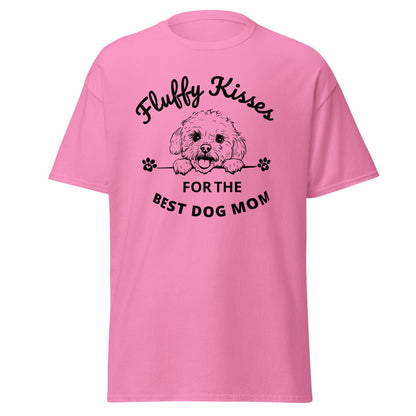 "Fluffy Kisses for the Best Dog Mom unisex black t-shirt featuring a lively black and white Bichon Frise dog illustration and bold text design. Perfect for dog owners and lovers, this fun and vibrant shirt celebrates Bichon Frise fans and all dog moms."