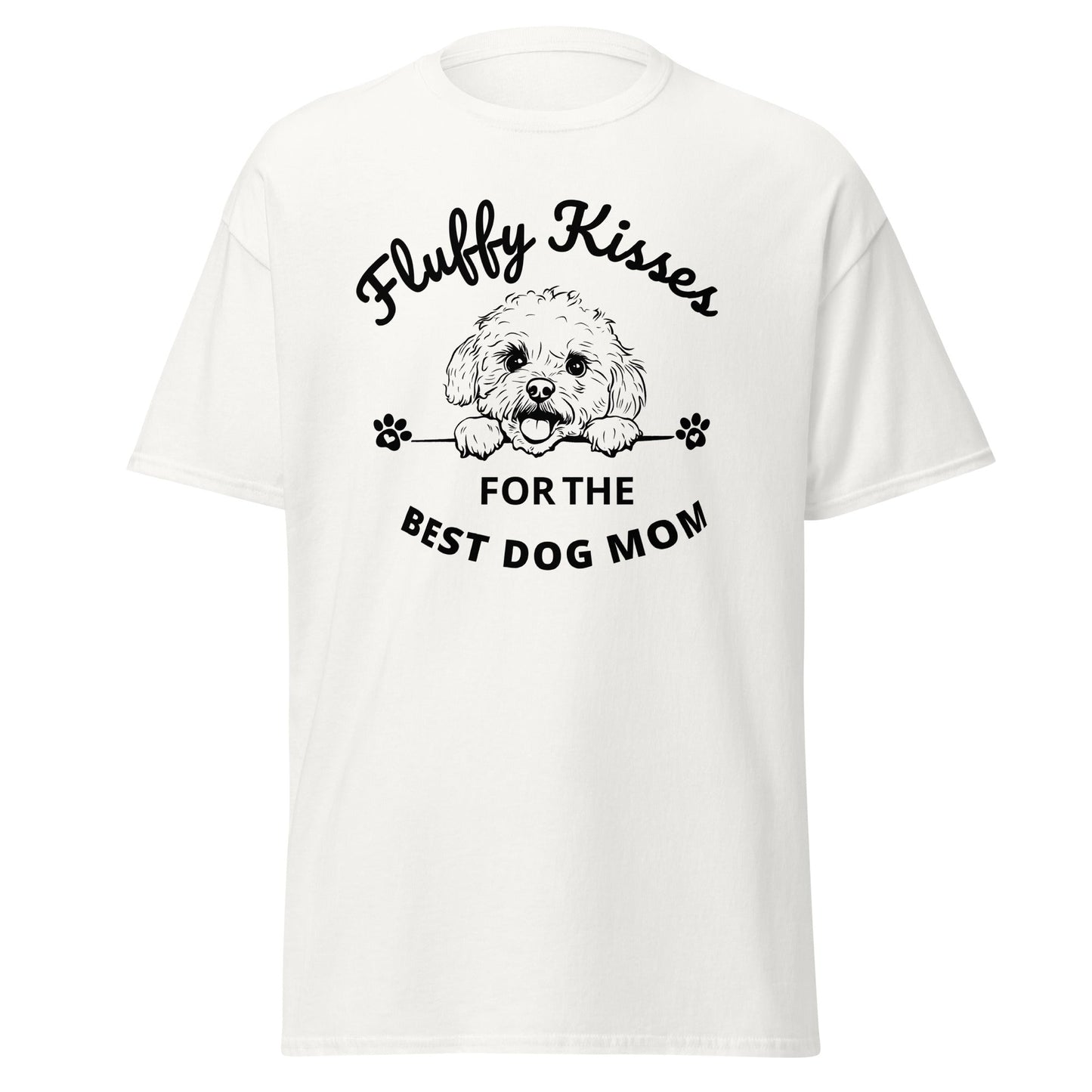 "Fluffy Kisses for the Best Dog Mom unisex black t-shirt featuring a lively black and white Bichon Frise dog illustration and bold text design. Perfect for dog owners and lovers, this fun and vibrant shirt celebrates Bichon Frise fans and all dog moms."