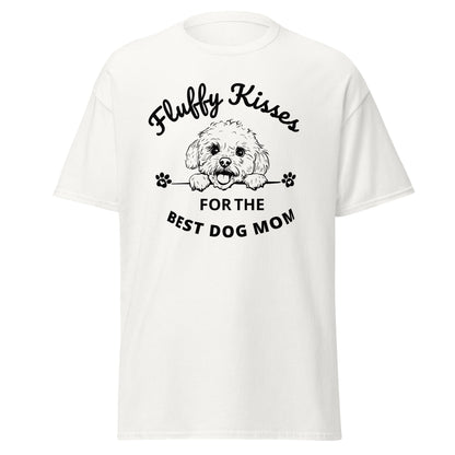 "Fluffy Kisses for the Best Dog Mom unisex black t-shirt featuring a lively black and white Bichon Frise dog illustration and bold text design. Perfect for dog owners and lovers, this fun and vibrant shirt celebrates Bichon Frise fans and all dog moms."