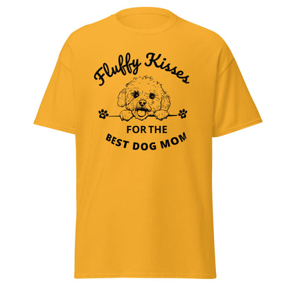 "Fluffy Kisses for the Best Dog Mom unisex black t-shirt featuring a lively black and white Bichon Frise dog illustration and bold text design. Perfect for dog owners and lovers, this fun and vibrant shirt celebrates Bichon Frise fans and all dog moms."