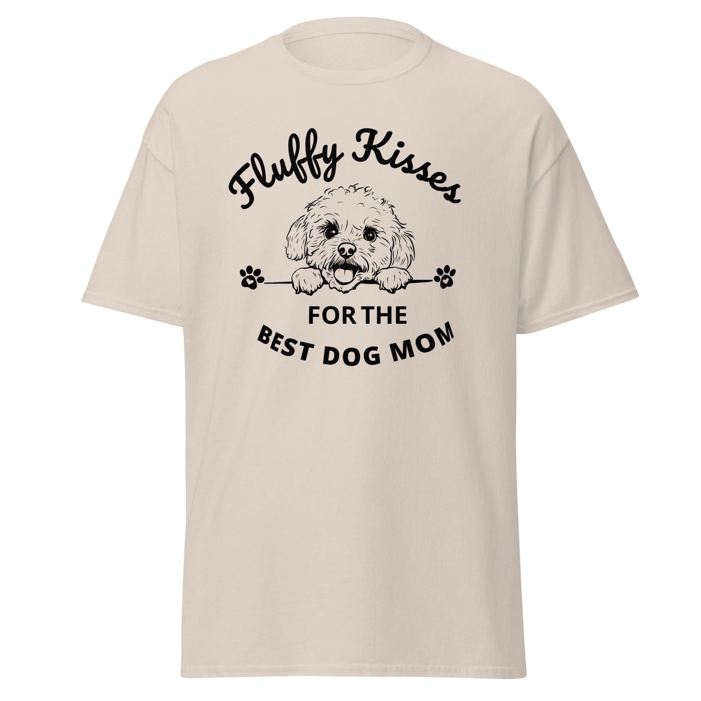"Fluffy Kisses for the Best Dog Mom unisex black t-shirt featuring a lively black and white Bichon Frise dog illustration and bold text design. Perfect for dog owners and lovers, this fun and vibrant shirt celebrates Bichon Frise fans and all dog moms."