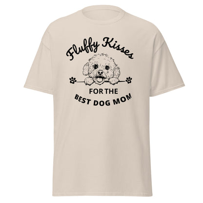 "Fluffy Kisses for the Best Dog Mom unisex black t-shirt featuring a lively black and white Bichon Frise dog illustration and bold text design. Perfect for dog owners and lovers, this fun and vibrant shirt celebrates Bichon Frise fans and all dog moms."