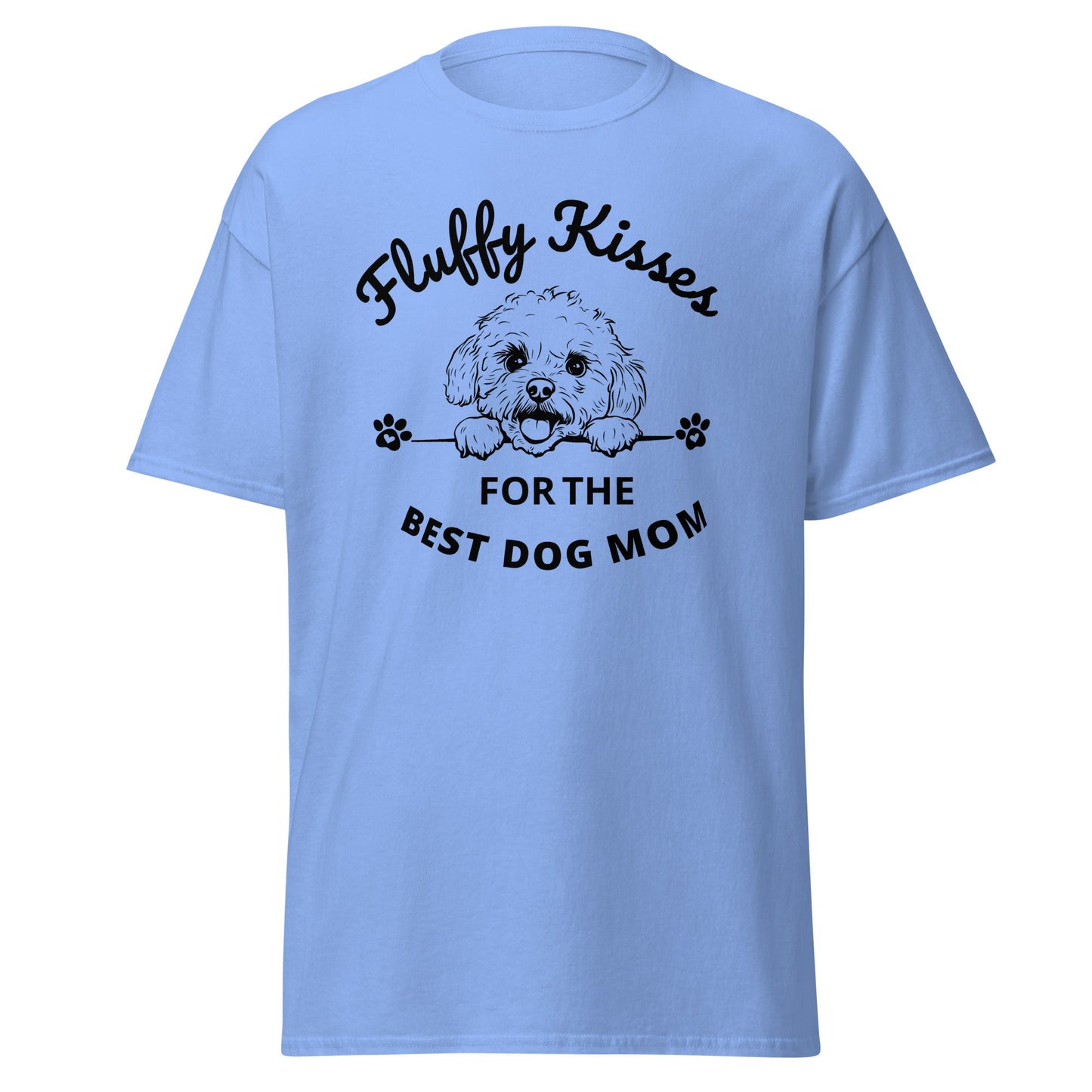 "Fluffy Kisses for the Best Dog Mom unisex black t-shirt featuring a lively black and white Bichon Frise dog illustration and bold text design. Perfect for dog owners and lovers, this fun and vibrant shirt celebrates Bichon Frise fans and all dog moms."