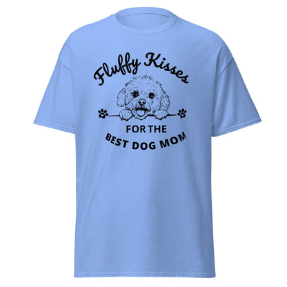 "Fluffy Kisses for the Best Dog Mom unisex black t-shirt featuring a lively black and white Bichon Frise dog illustration and bold text design. Perfect for dog owners and lovers, this fun and vibrant shirt celebrates Bichon Frise fans and all dog moms."
