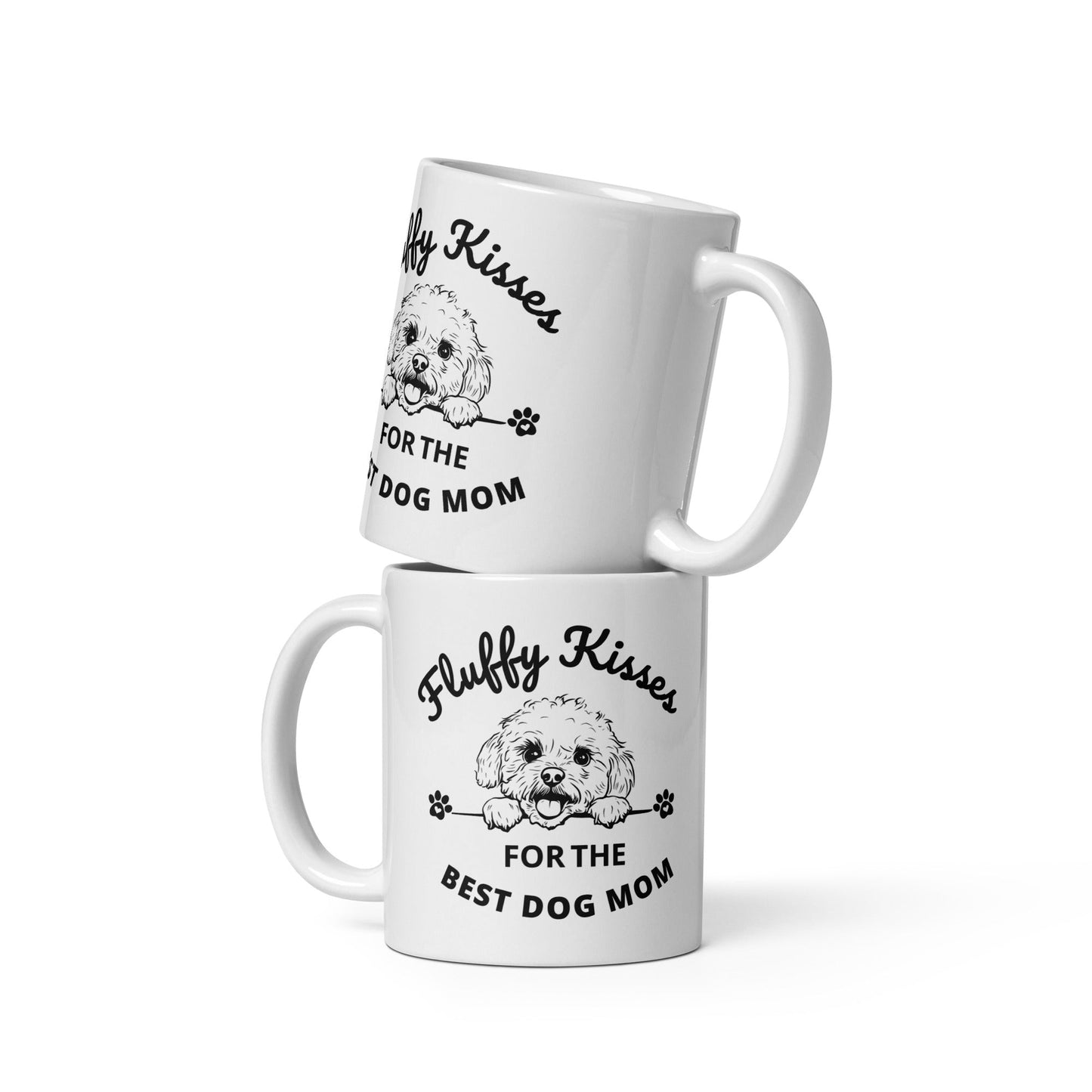 "White glossy mug with black text 'Fluffy Kisses for the Best Dog Mom' – unique, happy, and loving Mother's Day gift featuring a cute dog design, perfect for Bichon Frise owners and all dog moms."