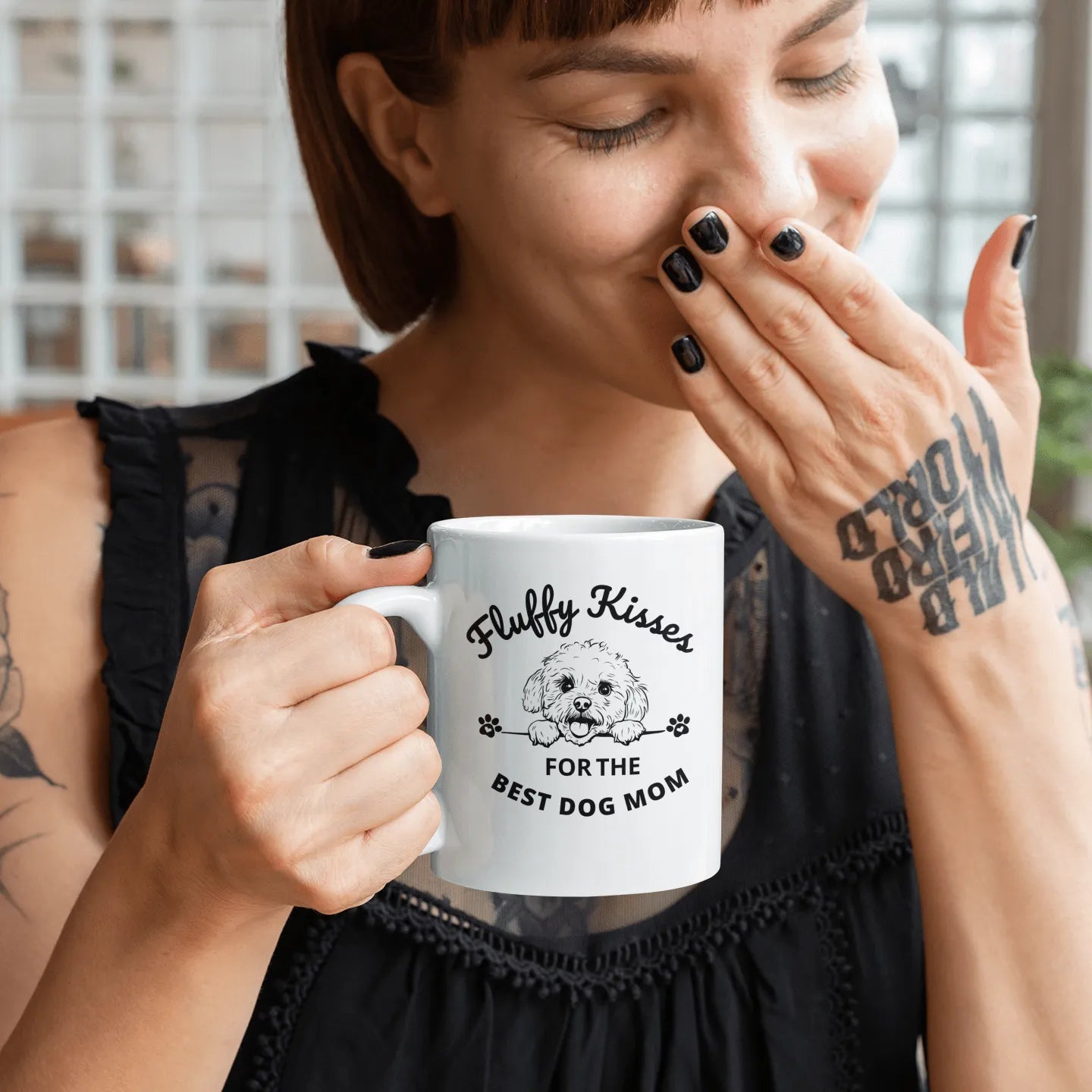 "White glossy mug with black text 'Fluffy Kisses for the Best Dog Mom' – unique, happy, and loving Mother's Day gift featuring a cute dog design, perfect for Bichon Frise owners and all dog moms."