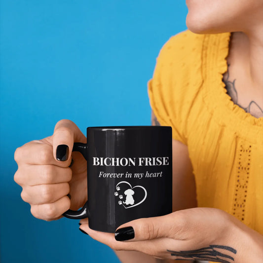 “Forever In My Heart” black glossy mug with white lettering and heart design, perfect Valentine's Day gift for Bichon Frise dog lovers or anyone who cherishes dogs and love – unique, romantic, and stylish ceramic cup.