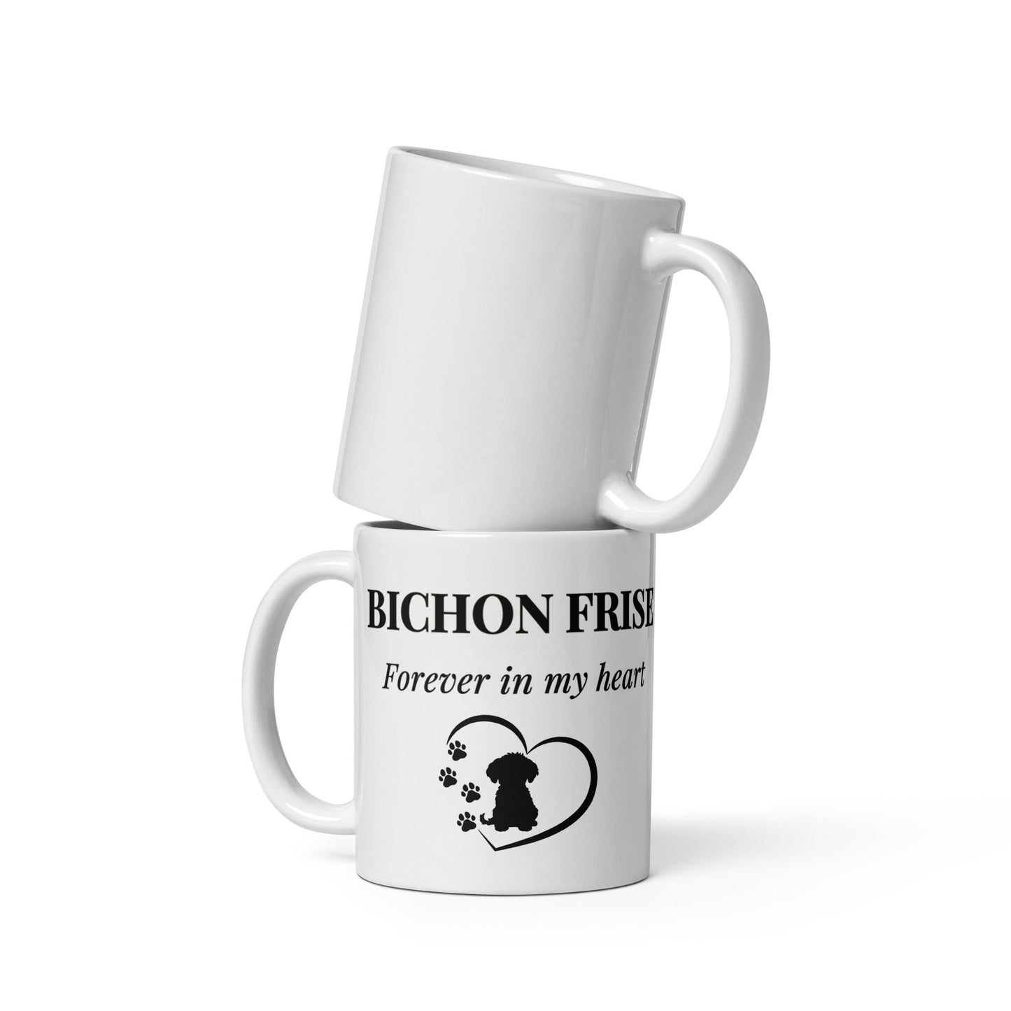 “Forever In My Heart” white glossy mug featuring a heartwarming Bichon Frise dog and heart design in black print – perfect Valentine’s Day gift for Bichon lovers and dog moms.