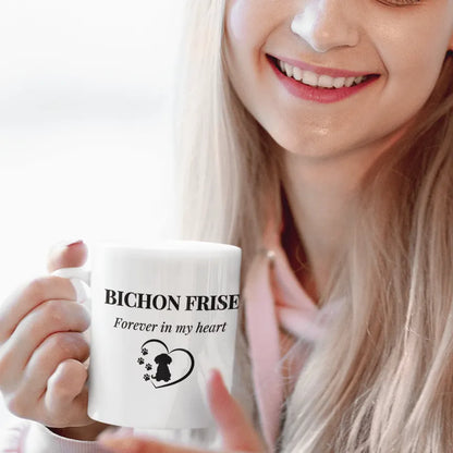 “Forever In My Heart” white glossy mug featuring a heartwarming Bichon Frise dog and heart design in black print – perfect Valentine’s Day gift for Bichon lovers and dog moms.