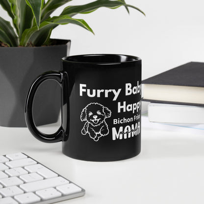 "Unique black glossy coffee mug with white 'Furry Baby, Happy Bichon Frise Mama' text – ideal Mother's Day gift for Bichon Frise owners and dog moms, featuring a cute Bichon dog design full of love."