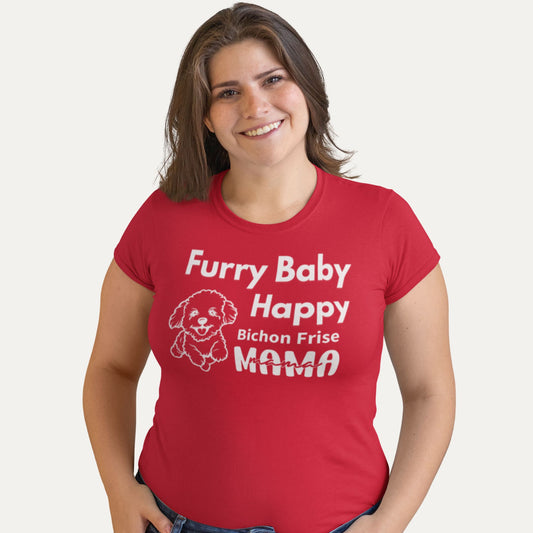 Furry Baby Happy Bichon Frise Mama T-shirt in red – Cute and funny dog mom design, perfect gift for Bichon lovers.