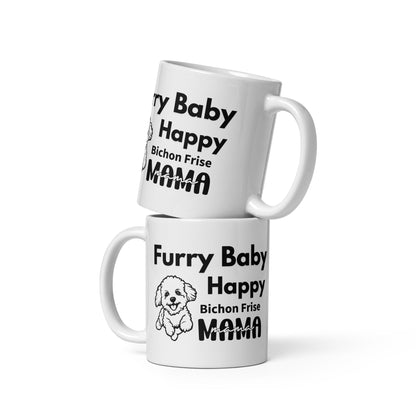 "White glossy mug with 'Furry Baby, Happy Bichon Frise Mama' black text and cute Bichon Frise dog illustration – perfect Mother's Day or romantic gift for dog lovers and Bichon Frise owners."
