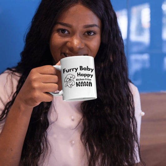 "White glossy mug with 'Furry Baby, Happy Bichon Frise Mama' black text and cute Bichon Frise dog illustration – perfect Mother's Day or romantic gift for dog lovers and Bichon Frise owners."