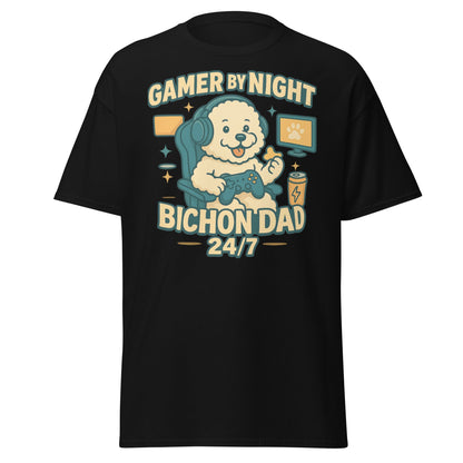 Gamer by Night, Bichon Dad 24/7 – Funny Father’s Day Dog Dad T-Shirt - Fun Factory Frise