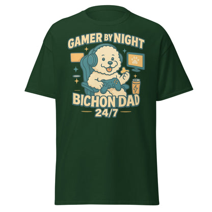 Gamer by Night, Bichon Dad 24/7 – Funny Father’s Day Dog Dad T-Shirt - Fun Factory Frise