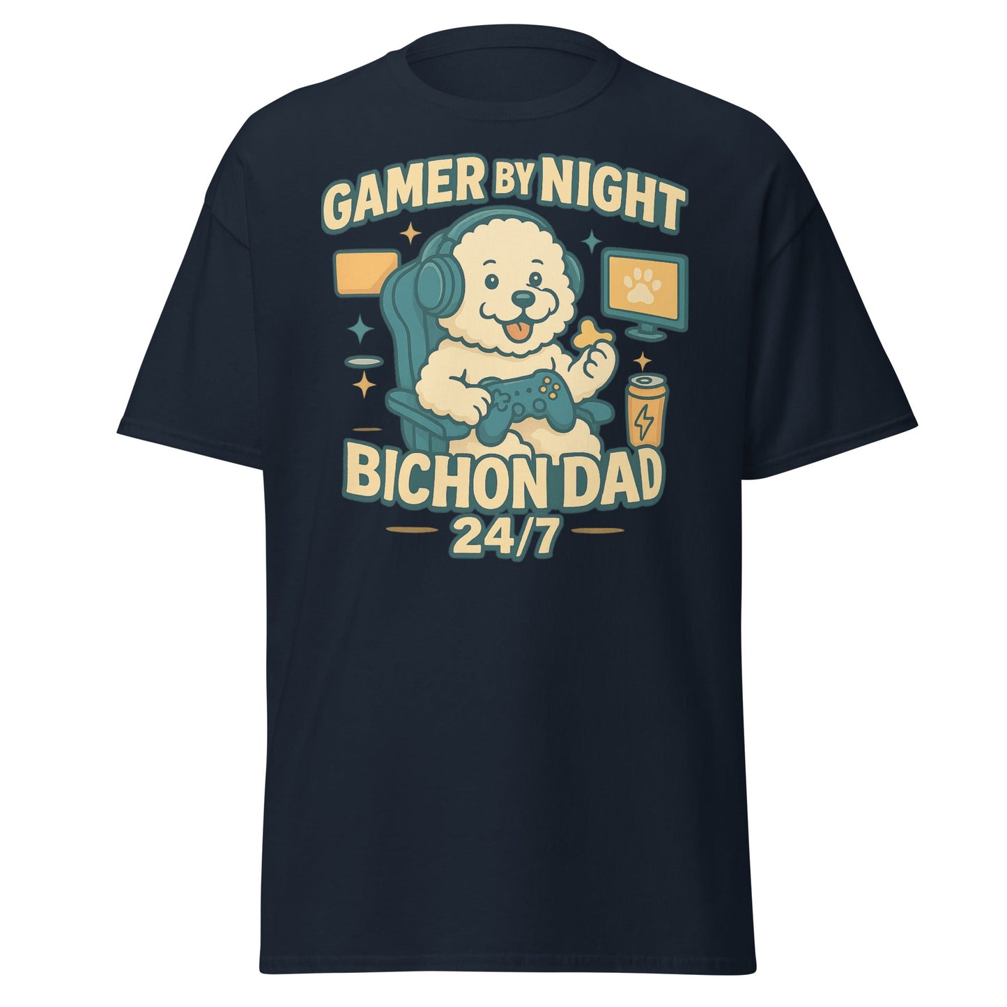 Gamer by Night, Bichon Dad 24/7 – Funny Father’s Day Dog Dad T-Shirt - Fun Factory Frise