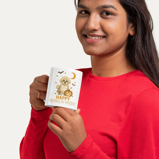 Smiling woman in red shirt holding a white Halloween mug with a cute Bichon Frise ghost design and the text 'Happy Howl-o-Ween
