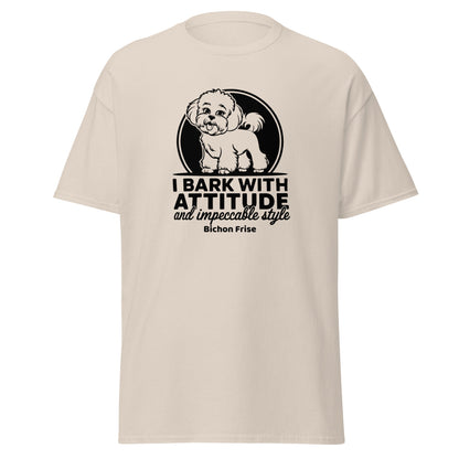 Funny unisex t-shirt with the quote "I Bark With Attitude And Impeccable Style", featuring a stylish Bichon Frise dog illustration — perfect gift for dog lovers and Bichon Frise fans.