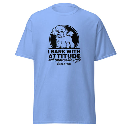 Funny unisex t-shirt with the quote "I Bark With Attitude And Impeccable Style", featuring a stylish Bichon Frise dog illustration — perfect gift for dog lovers and Bichon Frise fans.