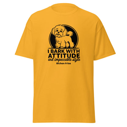 Funny unisex t-shirt with the quote "I Bark With Attitude And Impeccable Style", featuring a stylish Bichon Frise dog illustration — perfect gift for dog lovers and Bichon Frise fans.