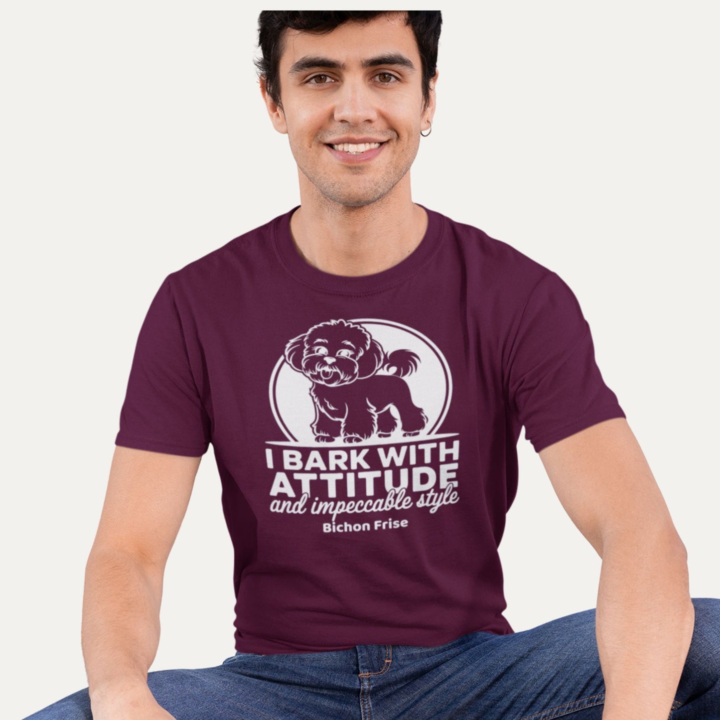 I bark with attitude and impeccable style – Bichon Frise funny dog T-shirt in burgundy, perfect playful gift for dog lovers
