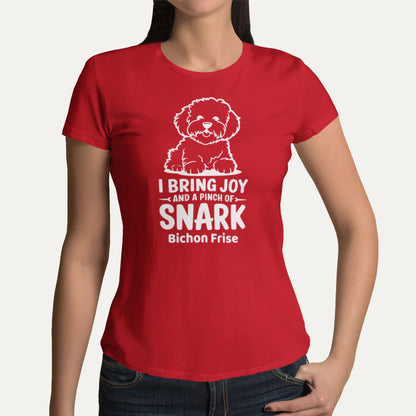 I bring joy and a pinch of snark – Bichon Frise funny dog T-shirt in red, perfect humorous gift for dog lovers