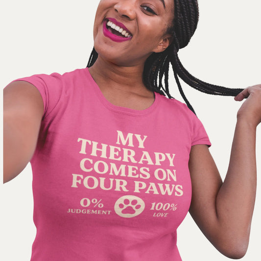 Cream retro-style text that reads “My Therapy Comes on Four Paws – 0% Judgement, 100% Love” on a unisex t-shirt for Bichon Frise lovers.
