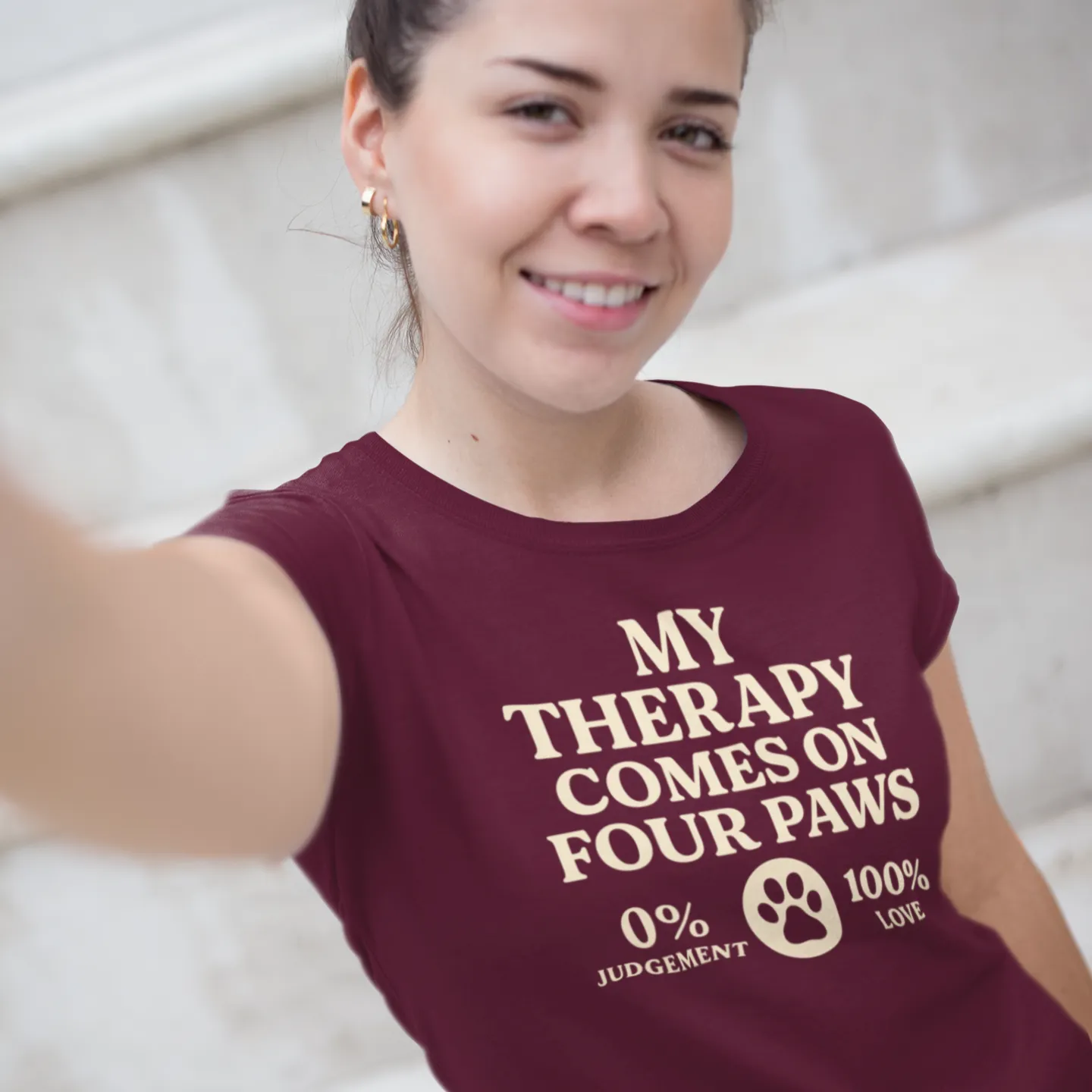 Cream retro-style text that reads “My Therapy Comes on Four Paws – 0% Judgement, 100% Love” on a unisex t-shirt for Bichon Frise lovers.

